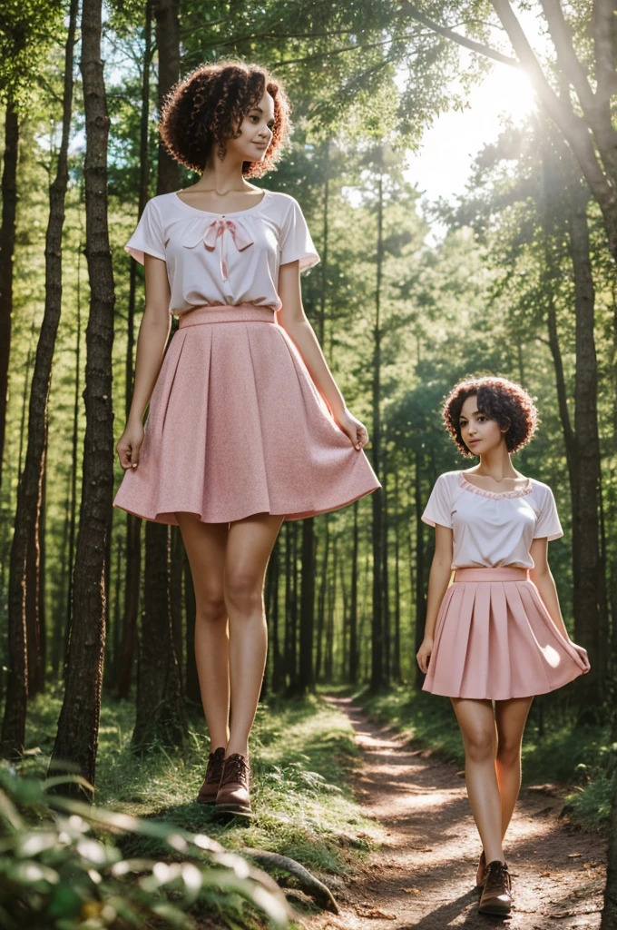 Ribian woman anime, short curly hair, pink skirt in the forest