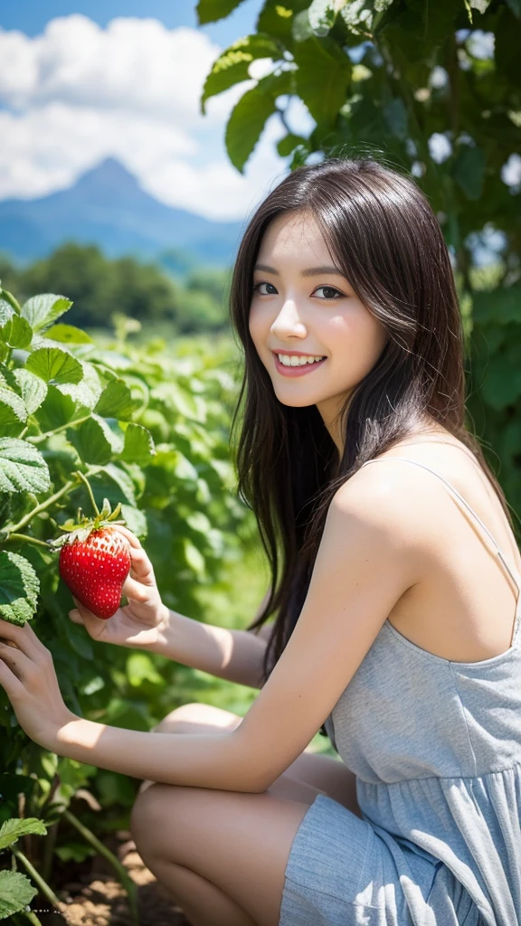 ((best quality, 8k, masterpiece:1.3)), a beautiful girl, pure, melon face, gentle and cute, thin figure, (frontal), (tilted head), looking directly into the camera, [detached sleeves::0], [collared shirt::0], [capri pants::0], black silky long straight hair, long hair flowing over the shoulders, round black big eyes, clear big eyes, moist red lips, sweet smile, sitting, hands on knees, Blue sky and white clouds, sunshine, Strawberry Garden, here are a lot of strawberry fruits growing (small fruits), mountain peaks, northern view of Thailand, Landmark of Thailand