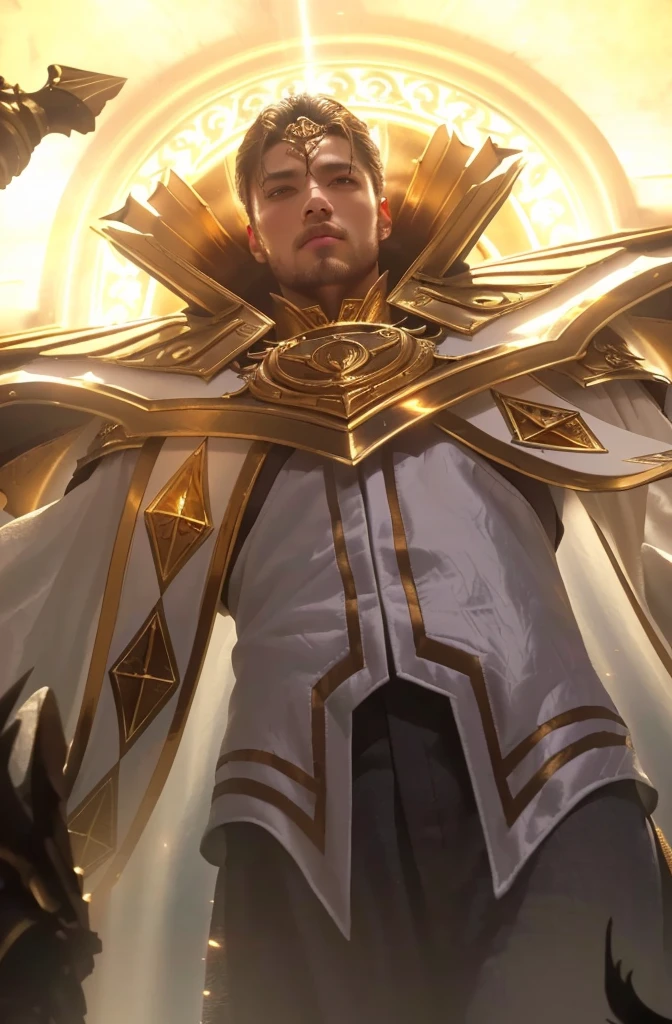 a close up of a man in a suit with a sword, holy paladin, gold paladin, magic the gathering artstyle, collectible card art, detailed intricate portrait, intricately detailed face, chiaroscuro lighting, dramatic lighting, cinematic composition, highly detailed, masterpiece, photorealistic, hyperrealistic, award winning, cinematic, epic, dramatic, elegant, ornate, dynamic pose, serious expression, imposing presence, powerful, majestic, heroic, mystical, fantastical, magical, ornate armor, flowing robes, glowing aura, intricate details, shimmering metal, rich textures, warm color palette, glowing highlights, dramatic shadows, cinematic framing