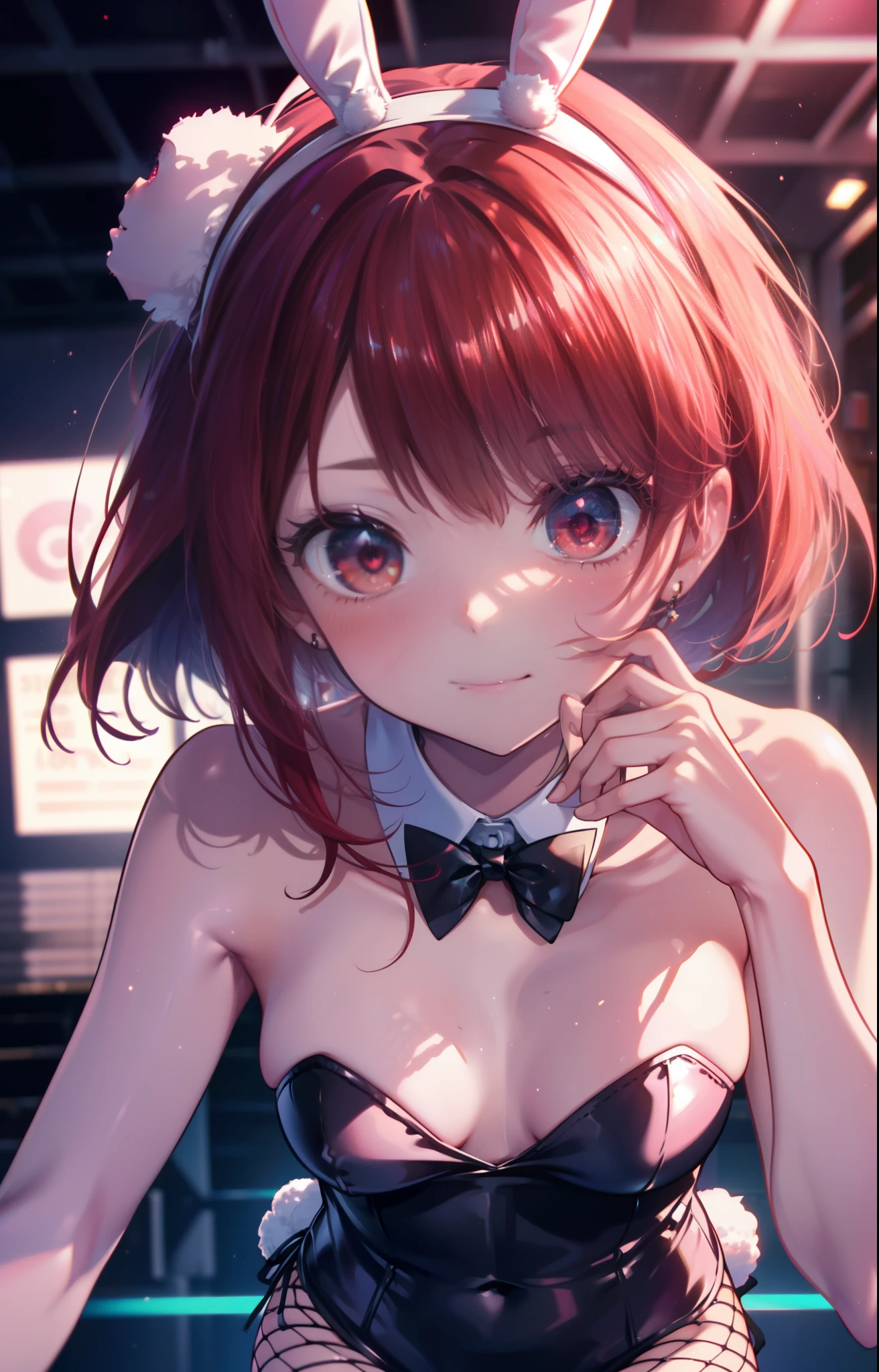 Arima Kana, (Red eyes:1.5), Bob Hair,smile,Redhead,Small breasts,(Bunny girl:1.5),(Black Playboy Bunny:1.0),Bunny ears headband,Fishnet tights,Stiletto heels,Peeking from below,whole bodyがイラストに入るように
break looking at viewer,whole body,
break indoors, stage,
break (masterpiece:1.2), Highest quality, High resolution, unity 8k wallpaper, (shape:0.8), (Beautiful and beautiful eyes:1.6), Highly detailed face, Perfect lighting, Extremely detailed CG, (Perfect hands, Perfect Anatomy),