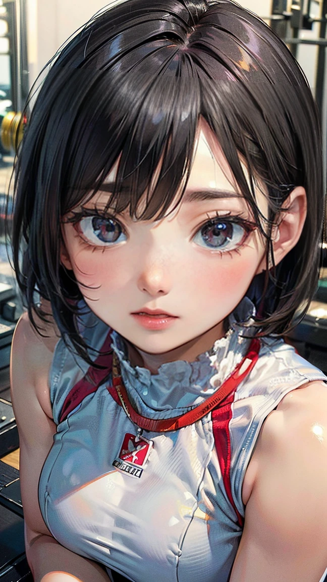 (Masterpiece, BestQuality:1.3), (ultra detailed:1.2), (hyperrealistic:1.3), (RAW photo:1.2), High detail RAW color photo, professional photograph, (Photorealistic:1.4), (realistic:1.4), professional lighting, perfect anatomy, (Big Breasts:1.2), (blush, detailed face), (cheerful Smile:1.5), (Black Hair:1.5), Trending Hair&Trending Hairカラーをランダムに, earrings, necklace, bracelet, sexly, erotic sexly, Random sexy gravure poses, (A woman in a white athletic costume、The background is a sports gym、Serious expression、short hair、Poses with dumbbells: 1.3)