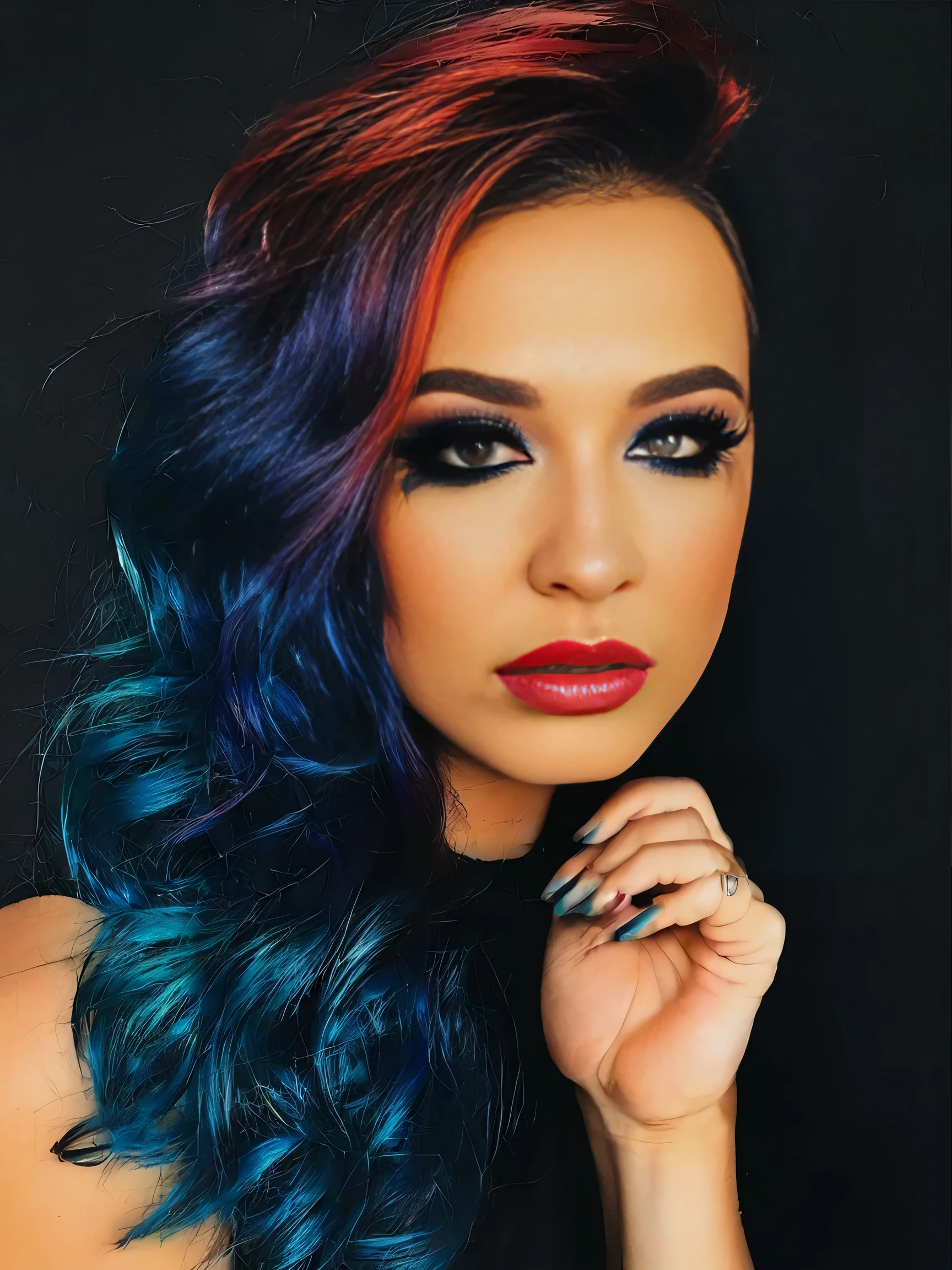 Real, realistic, real life, 1girl, closeup, portrait, short asymmetrical bob, gradient m3rm, objectively beautiful, looking at viewer, contemplative expression, bold lipstick, liquid eyeliner, eyeshadow 