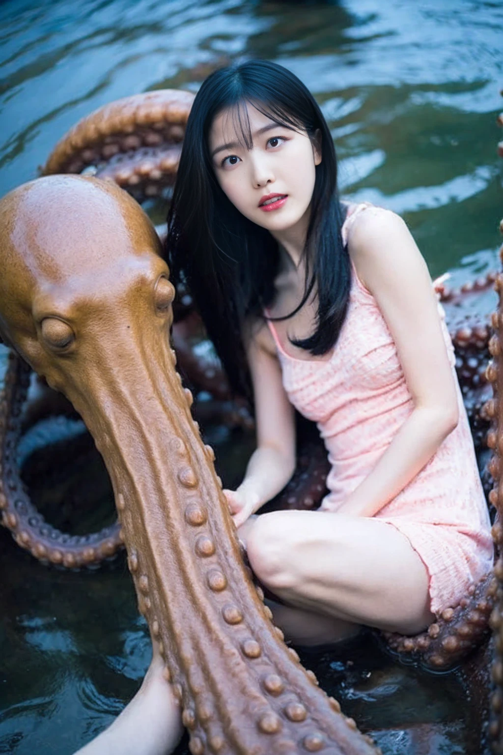 Beautiful girl attacked by giant octopus