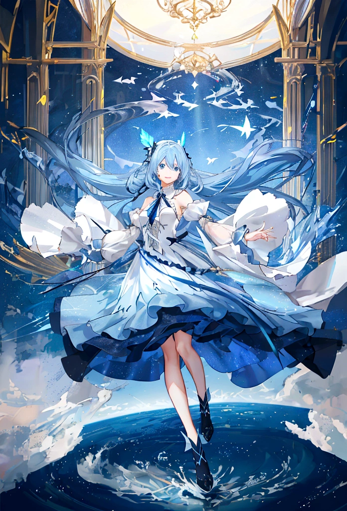 A girl with long blue hair, a long light blue dress, a smiling expression running towards her, blue eyes, shimmering blurry image, sunlight, super bright picture, magical shimmering colors, effects blurry, panoramic view from afar