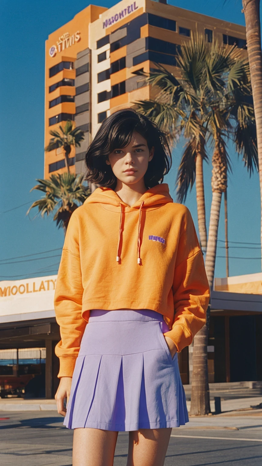 long shot portrait of cute 23 yo girl, happy body shape ,wearing ((orange color oversized hoodie)), wear ((purple tennis skirt)),looking front,Best Quality,Masterpiece,Ultra High Resolution,(Realisticity:1.4),Original Photo, 1Girl, light leak,ultra high resolution,UHD,beautiful, (black bob hair), almond eye, no makeup, in front of (80's mondrian architecture motel), (realistic:1.2), (surreal:1.3), (very detailed:1.1), ((masterpiece)),summer, blue sky, palm trees,sunny, los angles vibes,film camera, 800mm lens,style of Philip Lorca diCorcia