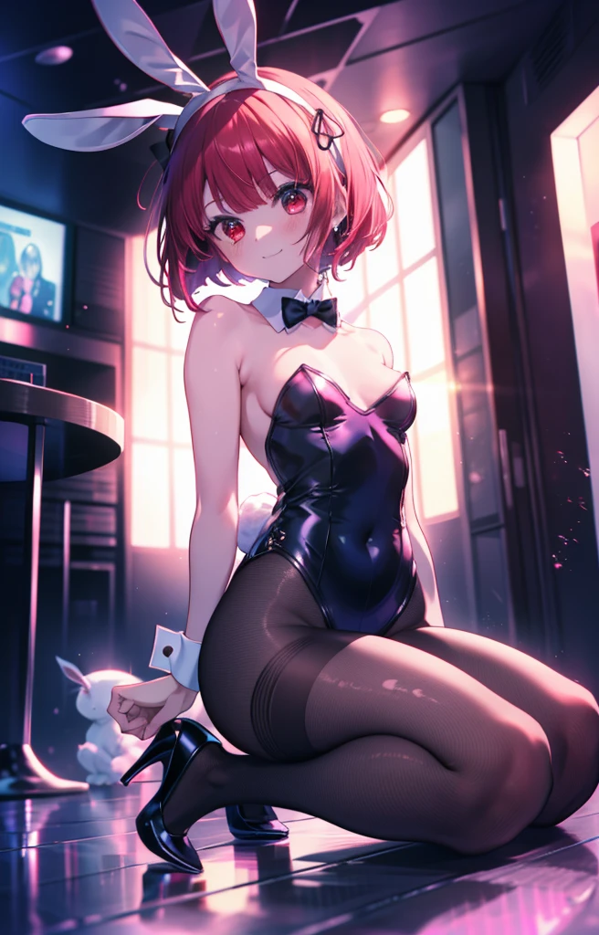 Arima Kana, (Red eyes:1.5), Bob Hair,smile,Redhead,Small breasts,(Bunny girl:1.5),(Black Playboy Bunny:1.0),Bunny ears headband,Fishnet tights,Stiletto heels,Peeking from below,whole bodyがイラストに入るように
break looking at viewer,whole body,
break indoors, stage,
break (masterpiece:1.2), Highest quality, High resolution, unity 8k wallpaper, (shape:0.8), (Beautiful and beautiful eyes:1.6), Highly detailed face, Perfect lighting, Extremely detailed CG, (Perfect hands, Perfect Anatomy),