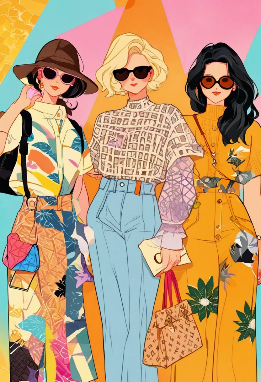 A vibrant and stylish illustration of three women wearing Louis Vuitton, each adorned with different patterns including flowers, leaves, and geometric shapes, standing in front of an abstract background that reflects the whimsical nature of their fashion sense. They wear sunglasses and exude confidence as they pose for the camera. The overall mood is lively and colorful, capturing the essence of high-end luxury brand style. In the style of John Holcroft.