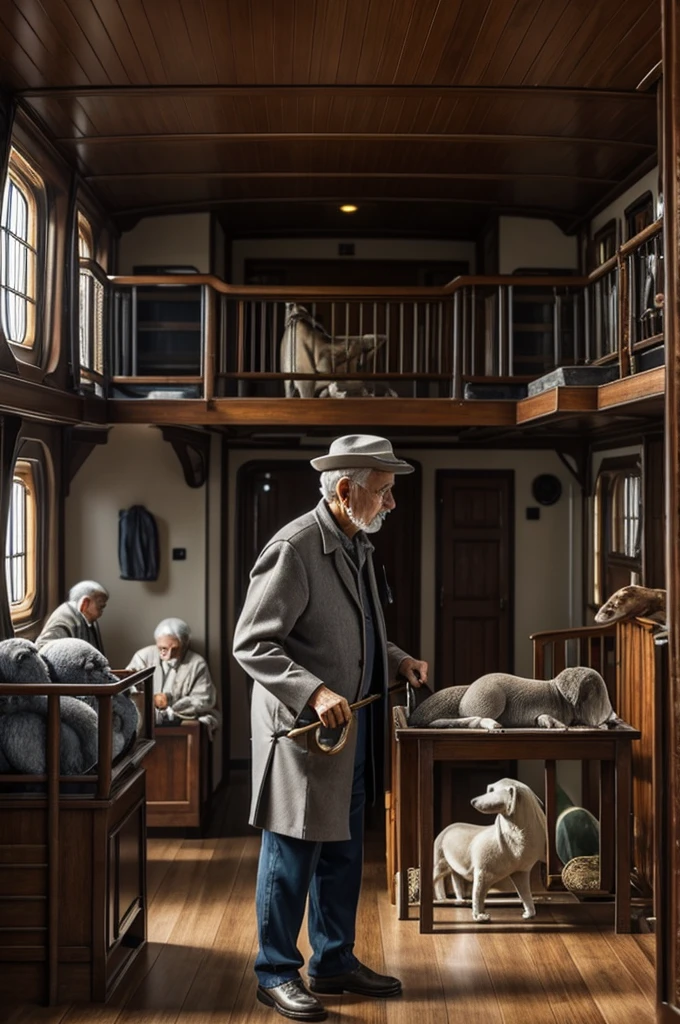 An elderly man with gray hair placing various species of animals inside a large ship 