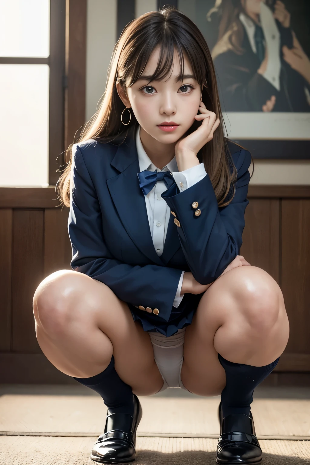 Dark blue high socks Magic Mix Real、(Raw photo:1.2)、(Photorealistic:1.4)、The beauty of beautiful details Delicate expression、Blonde、((panties are visible))(Squatting panchira)Earrings Sneak peek at the details、Large file size、Ultra-detailed、High resolution、Transcendental beauty Highest quality、masterpiece、、(Japanese high school girls uniform))、Extremely detailed representation grow、In detail、Highly detailed facial cinematic lighting、-yeld giPositive、((Dynamic Pose)))、(Sit with your knees bent))、Pleated skirt、blazer、Sexy upward glance、panties、Strong bite、White pants words、