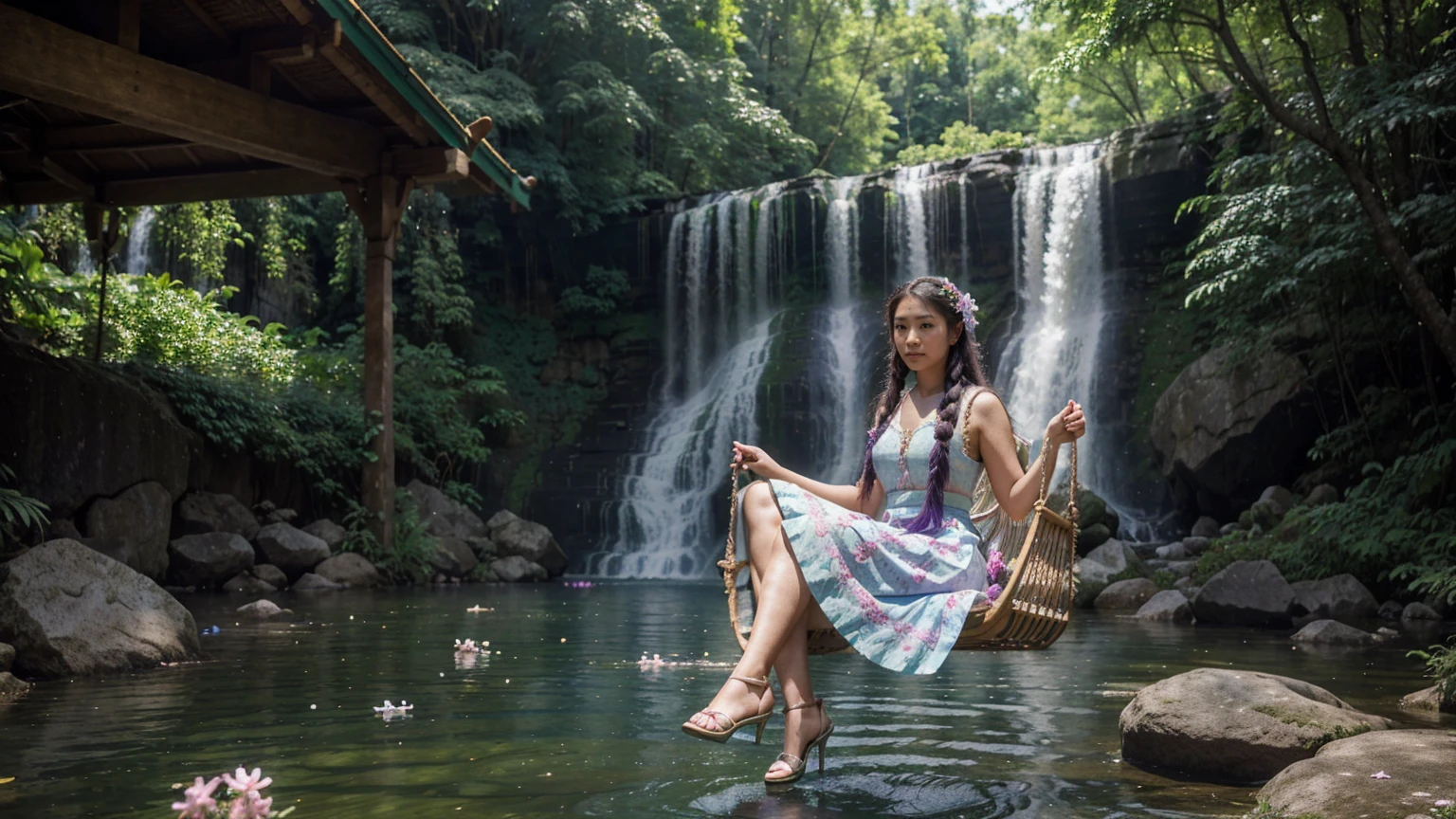 Beautiful Thai woman with long braided hair, wearing a green, purple, blue, pink Thai dress, flowing fabric, tiered skirt with flower petals, wearing white high heels, sitting on a swing, shrugging against the background of a waterfall and white trees.