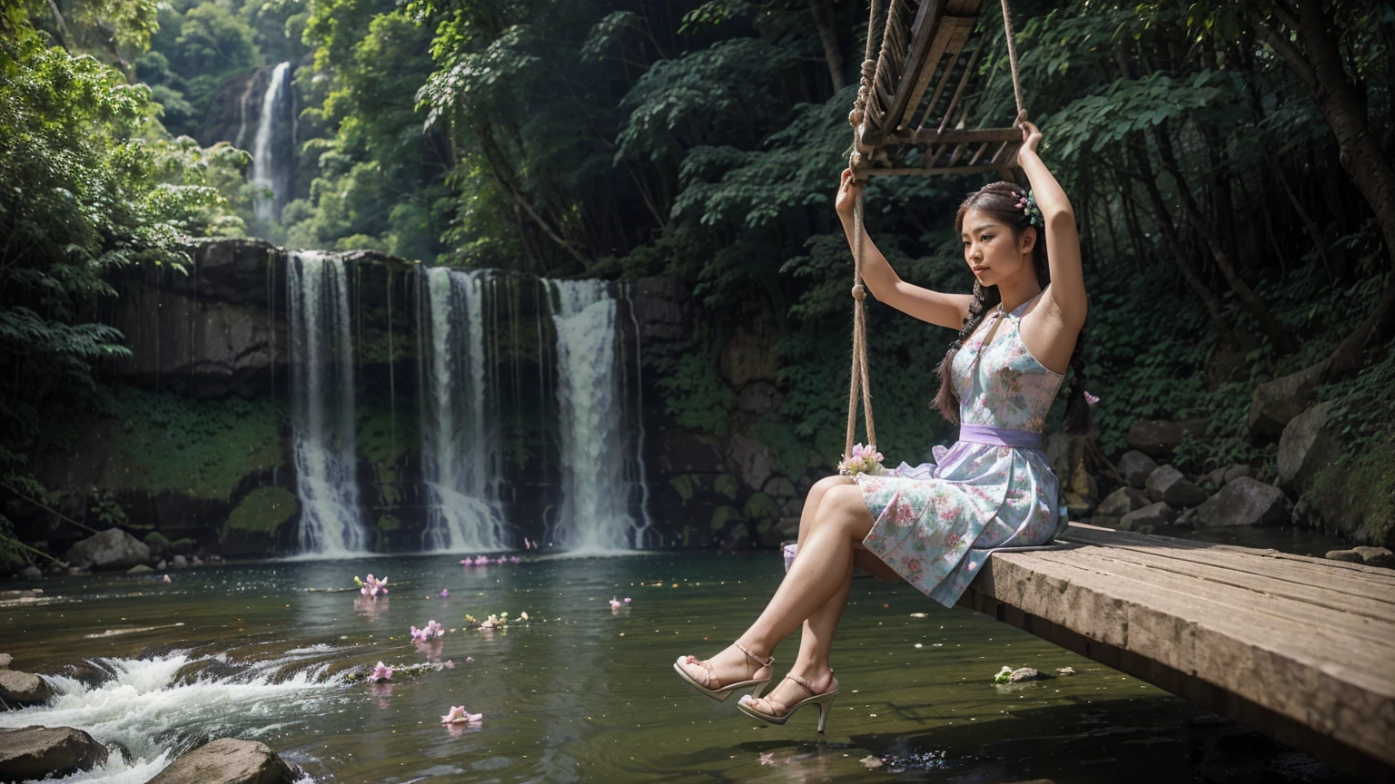 Beautiful Thai woman with long braided hair, wearing a green, purple, blue, pink Thai dress, flowing fabric, tiered skirt with flower petals, wearing white high heels, sitting on a swing, shrugging against the background of a waterfall and white trees.