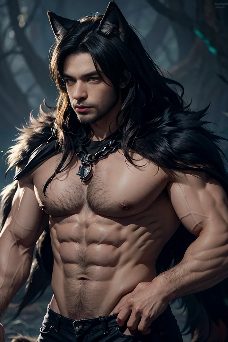 A werewolf with a wolf face and a body covered in muscular wolf fur