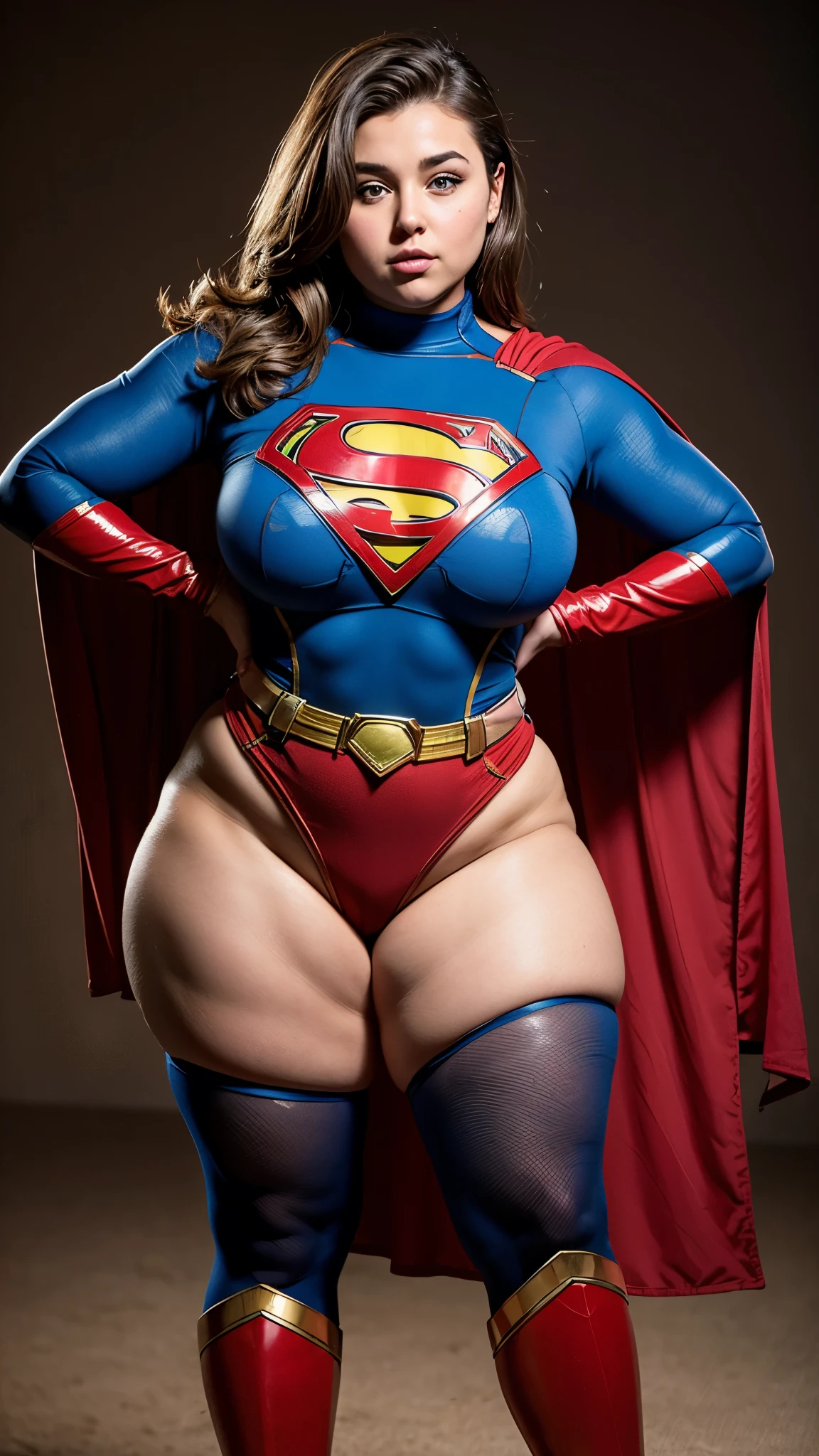 1sexy girl, wearing torn supergirl costume, flying, firm body, BRUNETTE hair, shining blue eyes, sultry posing. (Thick thighs:1.3) ((PAWG BODY)) (CLEAVAGE:1.2)