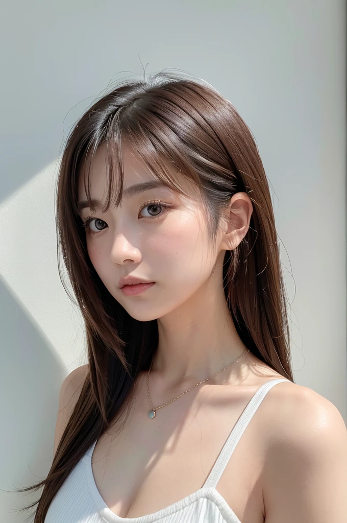 (Highly realistic photos, High resolution, Detailed face, Fine grain), ((Photographed in front of a white wall))、Japanese women, 20-year-old, A variety of expressions, alone:1, Slim figure, Various hairstyles, Casual clothing, 写真の中でalone、Selfie、Photographed in natural light、Simple Necklace、Spring Clothes、Looking at the camera、profile、Dark brown hair color、The chest is visible
