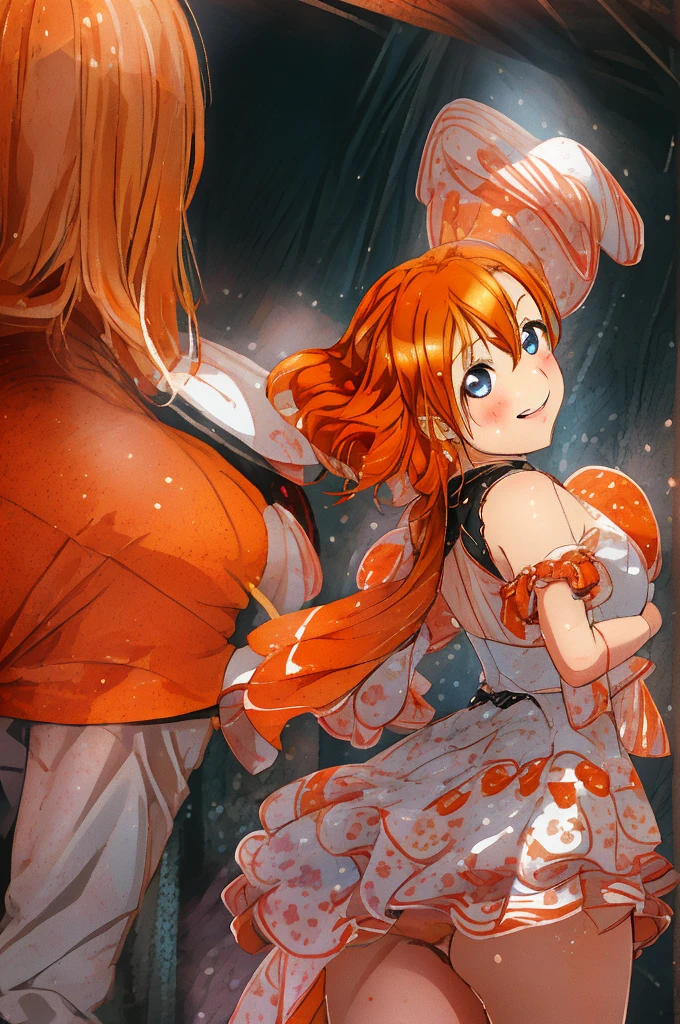 masterpiece, best quality, cowboy shot, from behind, looking back,wallpaper, kousaka honoka,orange hair , blue eyes, ((short silver bodycon dress)), strapless,latex, cute smile , hair ornaments, (curvy body), standing for interview,red carpet