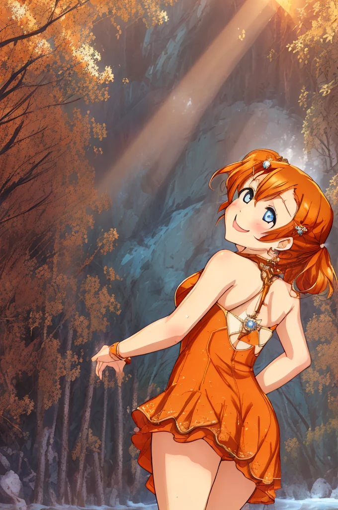 masterpiece, best quality, cowboy shot, from behind, looking back,wallpaper, kousaka honoka,orange hair , blue eyes, ((short silver bodycon dress)), strapless,latex, cute smile , hair ornaments, (curvy body), standing for interview,red carpet