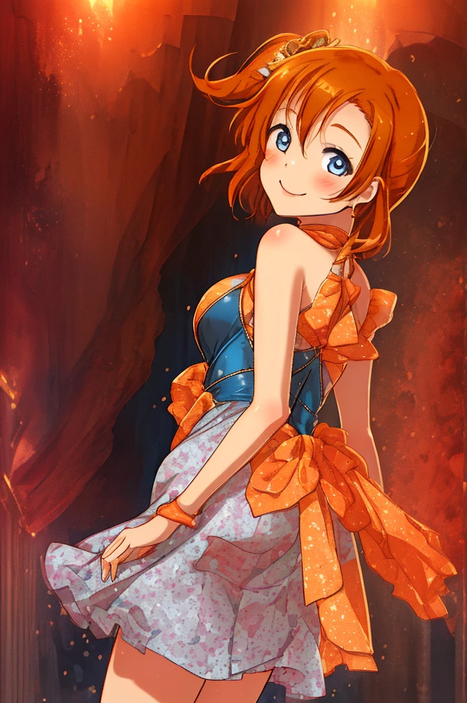 masterpiece, best quality, cowboy shot, from behind, looking back,wallpaper, kousaka honoka,orange hair , blue eyes, ((short silver bodycon dress)), strapless,latex, cute smile , hair ornaments, (curvy body), standing for interview,red carpet