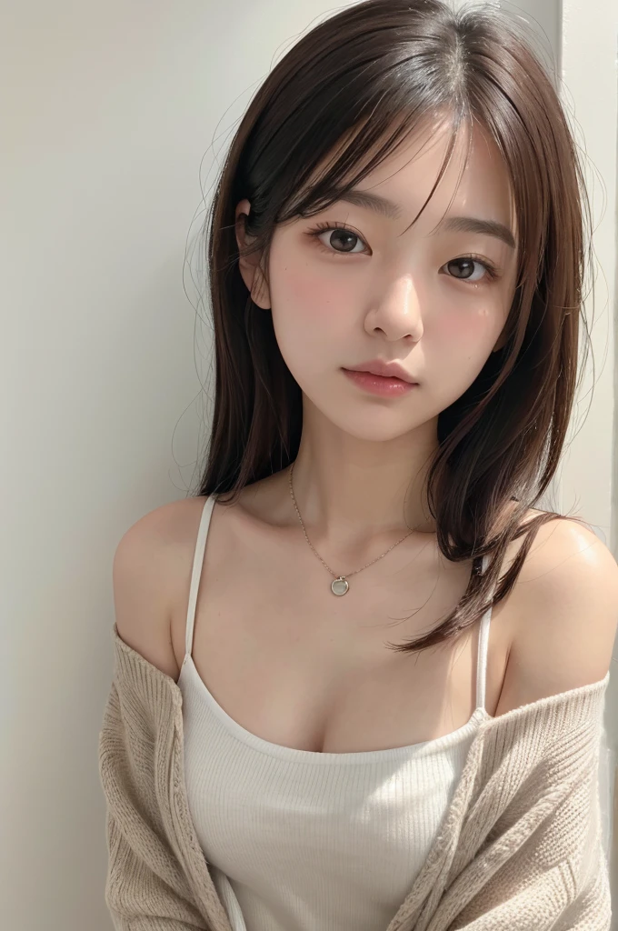 (Highly realistic photos, High resolution, Detailed face, Fine grain), ((Photographed in front of a white wall))、Japanese women, 20-year-old, A variety of expressions, alone:1, Slim figure, Various hairstyles, Casual clothing, 写真の中でalone、Selfie、Photographed in natural light、Simple Necklace、Spring Clothes、Looking at the camera、profile、Dark brown hair color、The chest is visible
