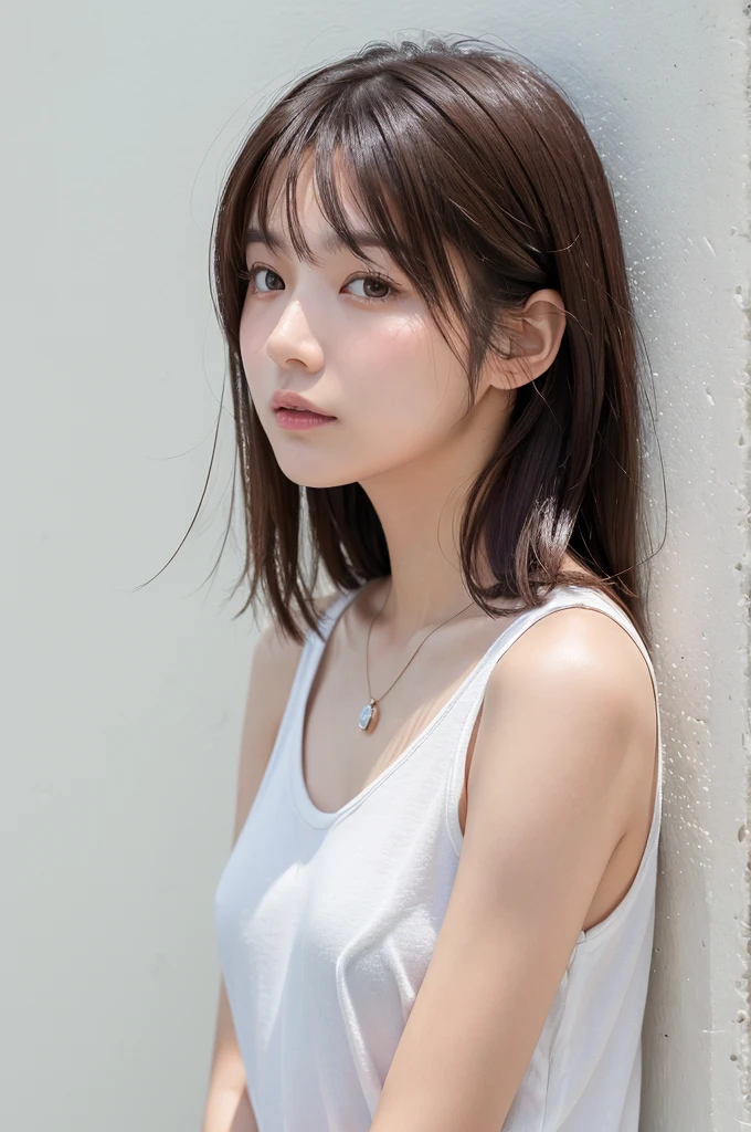 (Highly realistic photos, High resolution, Detailed face, Fine grain), ((Photographed in front of a white wall))、Japanese women, 20-year-old, A variety of expressions, alone:1, Slim figure, Various hairstyles, Casual clothing, 写真の中でalone、Selfie、Photographed in natural light、Simple Necklace、Spring Clothes、Looking at the camera、profile、Dark brown hair color、The chest is visible