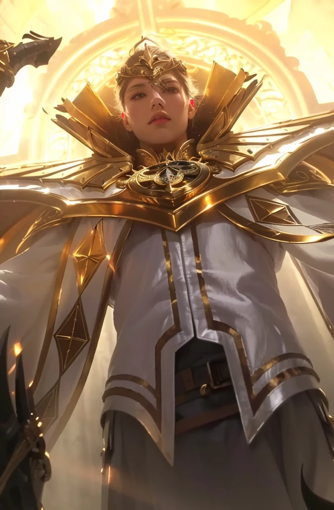 a close up of a man in a suit with a sword, holy paladin, gold paladin, magic the gathering artstyle, collectible card art, detailed intricate portrait, intricately detailed face, chiaroscuro lighting, dramatic lighting, cinematic composition, highly detailed, masterpiece, photorealistic, hyperrealistic, award winning, cinematic, epic, dramatic, elegant, ornate, dynamic pose, serious expression, imposing presence, powerful, majestic, heroic, mystical, fantastical, magical, ornate armor, flowing robes, glowing aura, intricate details, shimmering metal, rich textures, warm color palette, glowing highlights, dramatic shadows, cinematic framing
