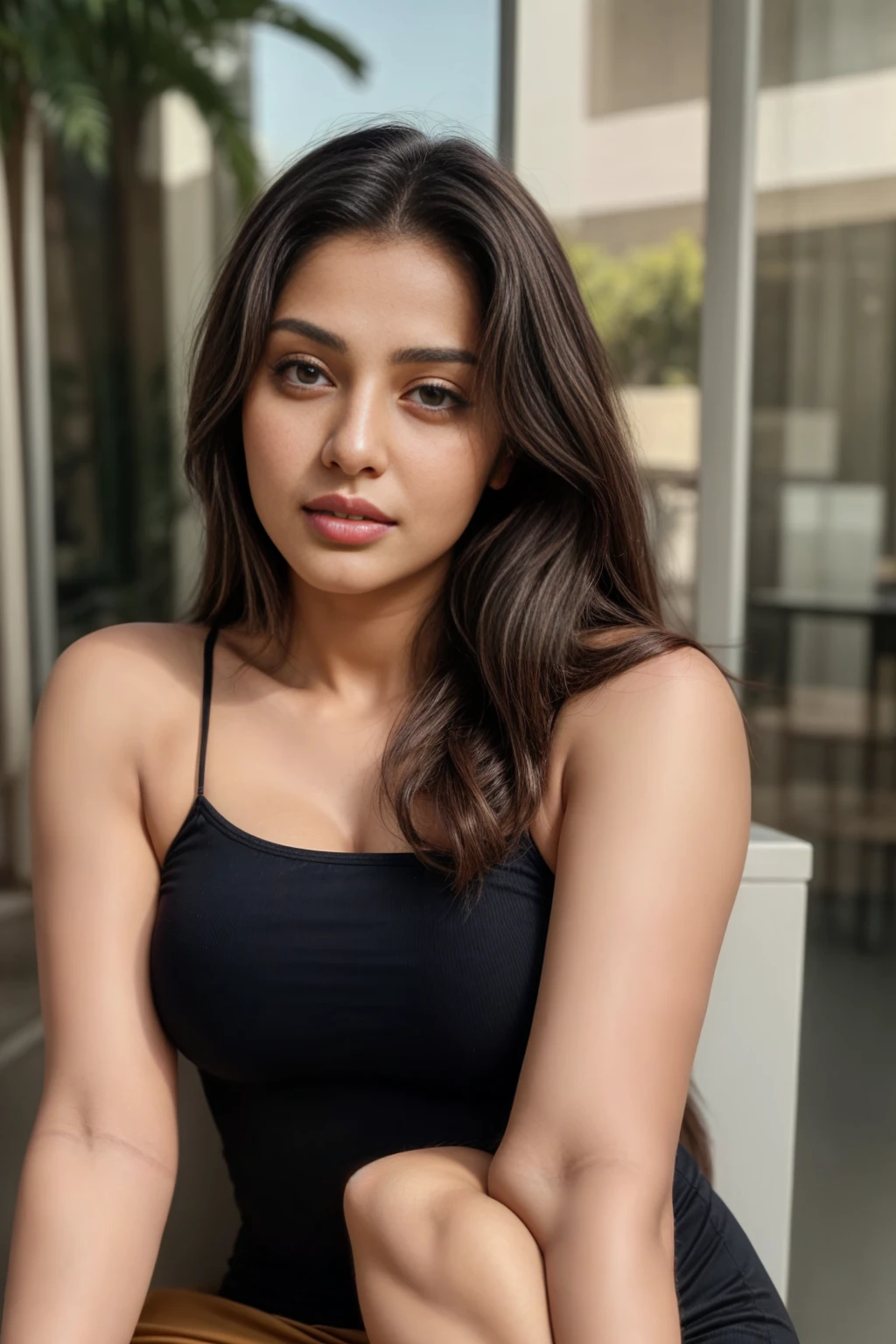 as a sexy TikTok influencer, (sitting on sofa), (extremely detailed CG unity 8k wallpaper), photo of the most beautiful artwork in the world, face of actress pooja hegde, professional majestic (photography by Steve McCurry), 8k uhd, dslr, soft lighting, high quality, film grain, Fujifilm XT3 sharp focus, f 5.6, High Detail, Sharp focus, dramatic, tanktop, good hand, (looking away:1.2), (detailed pupils:1.3), (natural light), (closeup:1.2), (seductive)