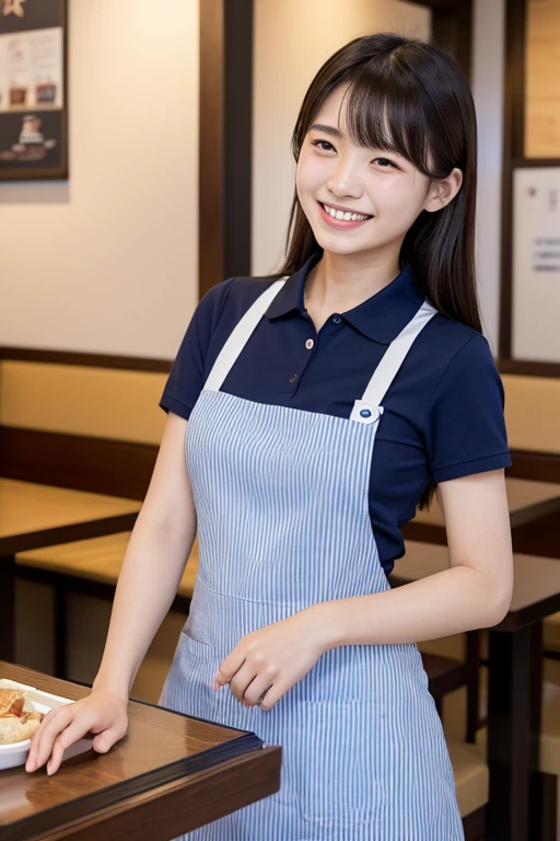 (Best quality, Masterpiece:1.3, Super Hi-Res), Japanese female, 20 years old, inside a gyudon restaurant, navy blue polo shirt, striped apron, wearing uniform, laughing, talking to customer,