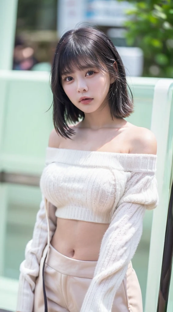 ((Highest quality, 8K, masterpiece: 1.3)), sharp: 1.2, Perfect Body Beauty: 1.4, Slim Abs: 1.2, ((nude、Big Breasts: 1.2)), (((Ribbed sweater:1.3, Off-the-shoulder sweater))), Short shorts:1.2, Bare shoulders, (((Underbust: 1.1))), Face close-up: 1.0, Highly detailed face and skin texture, Beautiful Eyes, double eyelid, (((Looking down at the camera)))