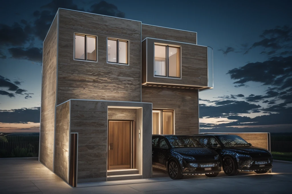 photorealistic, modern house,facade,modern,512k,high detailed, photoreal, award winning, large glass window on the right side, grass, plants, trees, evening, interior lights,(( travertine stone façade)) two cars in porch, wooden door entrance, steps marble,
award winning, extremely detailed,