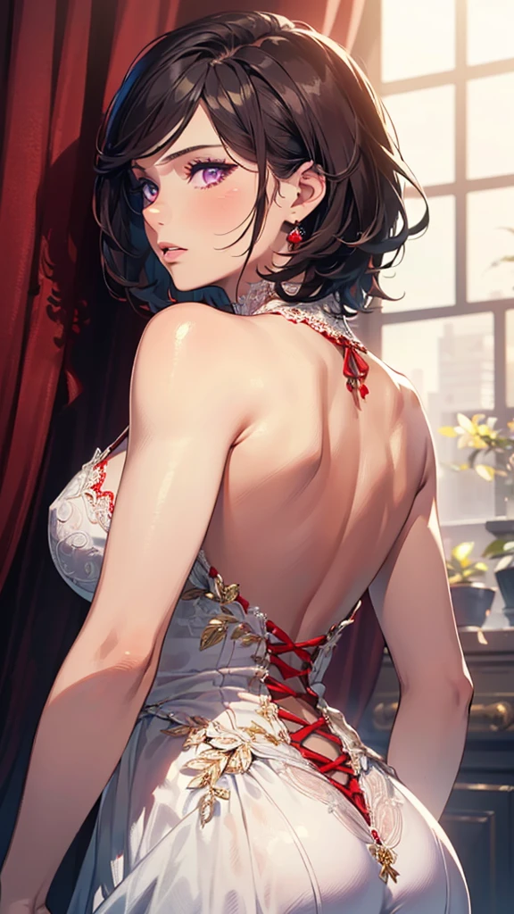 1girl, solo, (photorealistic:1.4), very delicate and beautiful, (top quality:1.4), (high detailed skin:1.4), glowing eyes, goddess, shiny skin, Beautiful detailed face, real skin texture, expressive eyes, luscious lips, glossy lips, natural makeup, golden short hair, purple eyes, partially clad in a gorgeous (red:1.3) lace wedding dress, suggestive gaze, elegant and attractive posture, upper body shot, (from below:1 .4),(white back ground:1.4)
