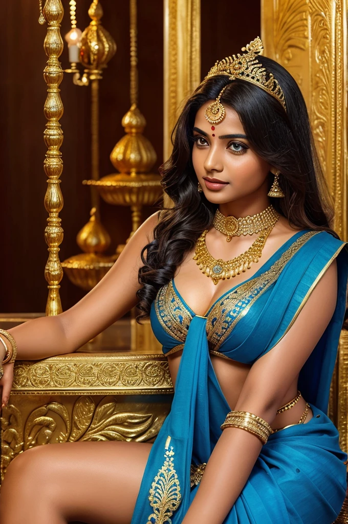 Indian women, young girl, many gold ornaments, blue saree, queen