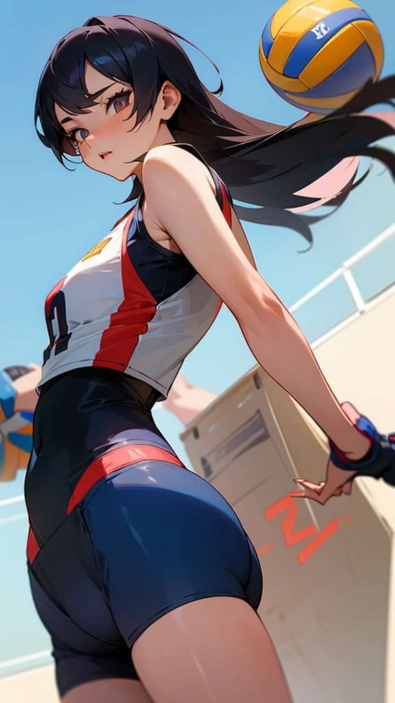 A sexy girl, volleyball player with very short shorts showing the edge of her butt