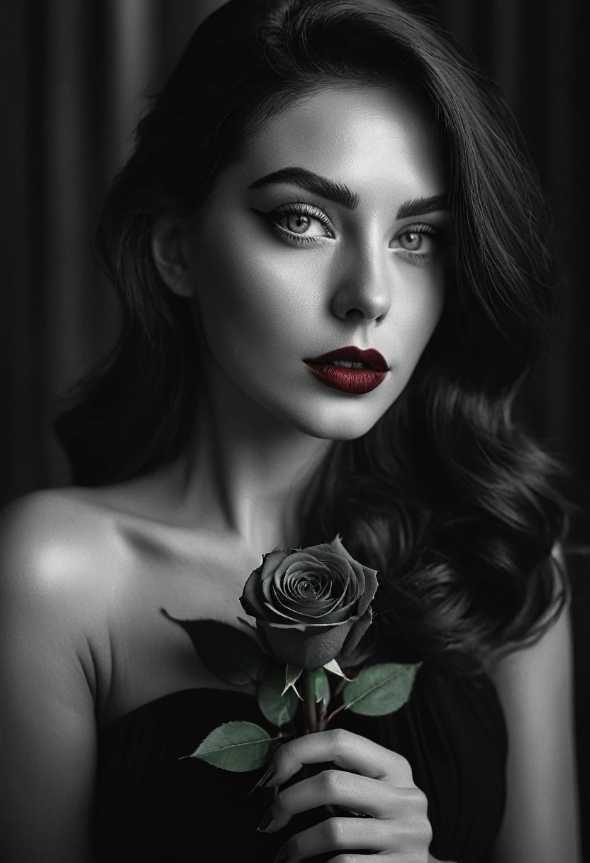 black and white, a woman with green eyes, flawless skin, half body shot, holding a dark red rose, whimsical photography style, captured with an Arriflex 35BL camera using Canon K25 prime lenses, cinematic, dramatic lighting, ultra clear, breathtaking surreal masterpiece.