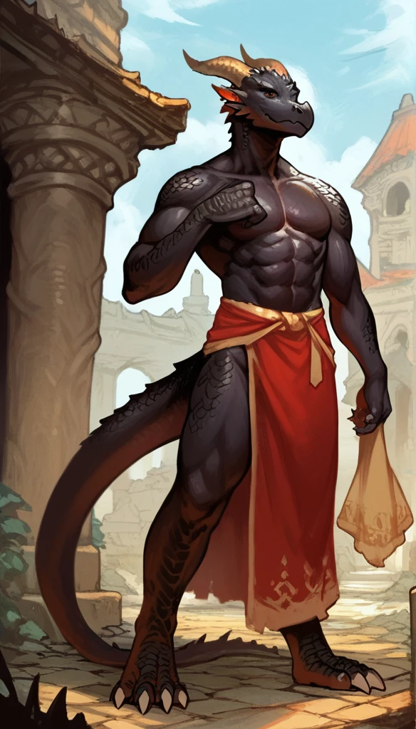 score_9, score_8_up, score_7_up, score_6_up, score_5_up, score_4_up, 
(Dragon:1.2), male, full body, dnd, dungeons and dragons, (muscular, athletic, pointy ears), (dragonborn, anthro, horns, black skin, scales), medieval era, fantasy clothes, anime style, (healer cloth robe), temple background