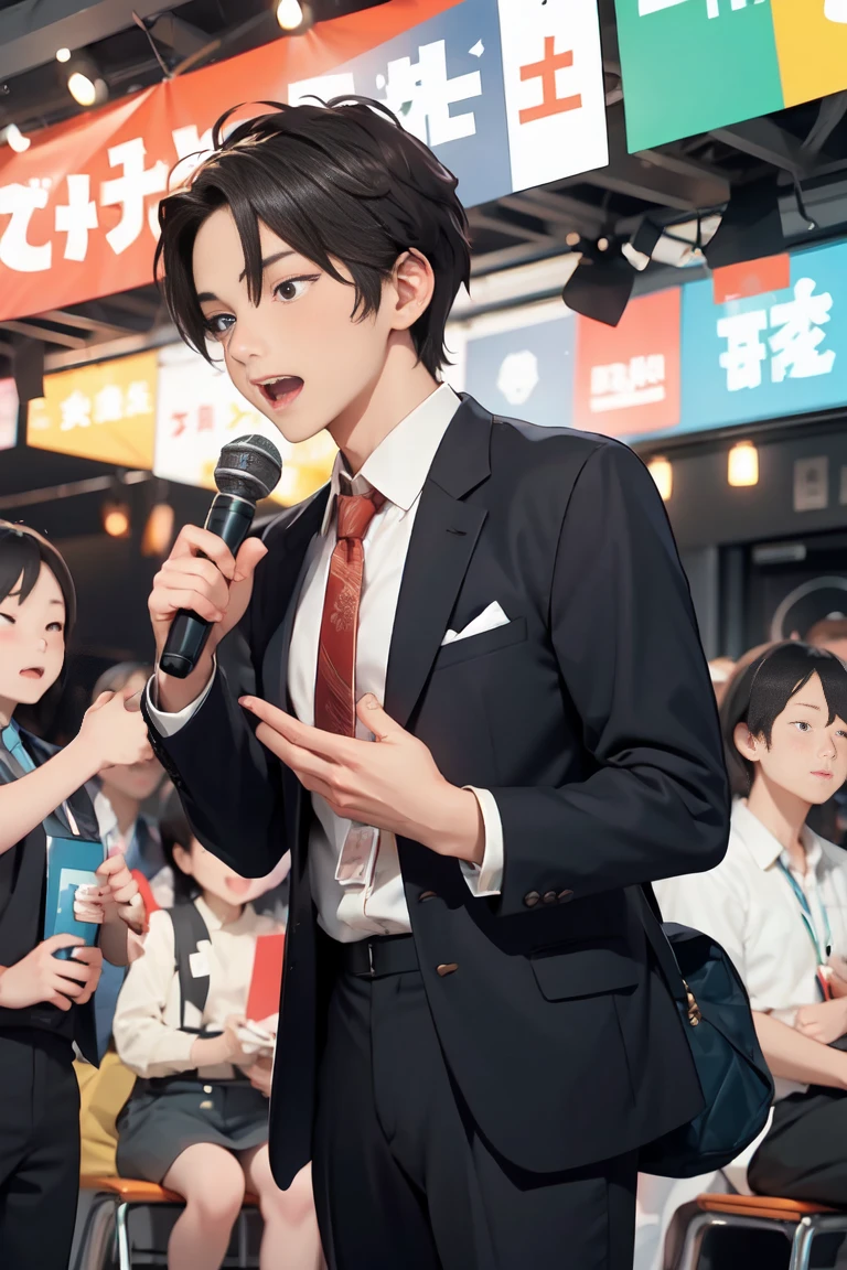 Photo of a cute and handsome 41 year old man , No tie、Summer cutter、slacks、Tokyo Streets、Grab the microphone and shout &quot;Nice vote!&quot;、Shaking hands with many in the audience
