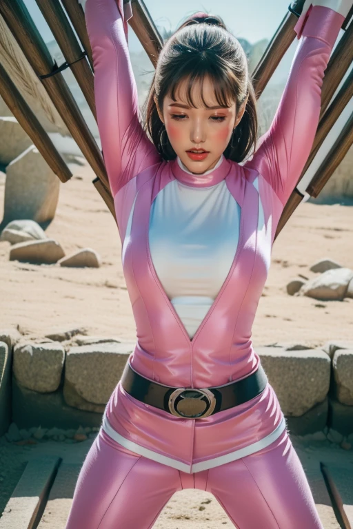 pink theme，pink ranger suit、curvy, big breats, full body, tied on Saint Andrew's cross in X position, screaming in pain, crying, eyes are closed tight