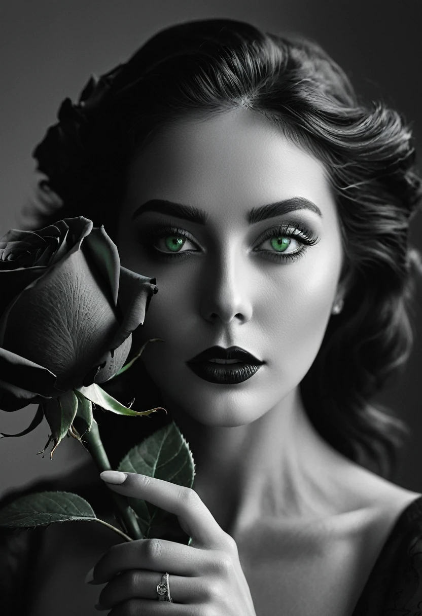black and white, a woman with green eyes, flawless skin, half body shot, holding a black rose, whimsical photography style, captured with an Arriflex 35BL camera using Canon K25 prime lenses, cinematic, dramatic lighting, ultra clear, breathtaking surreal masterpiece.