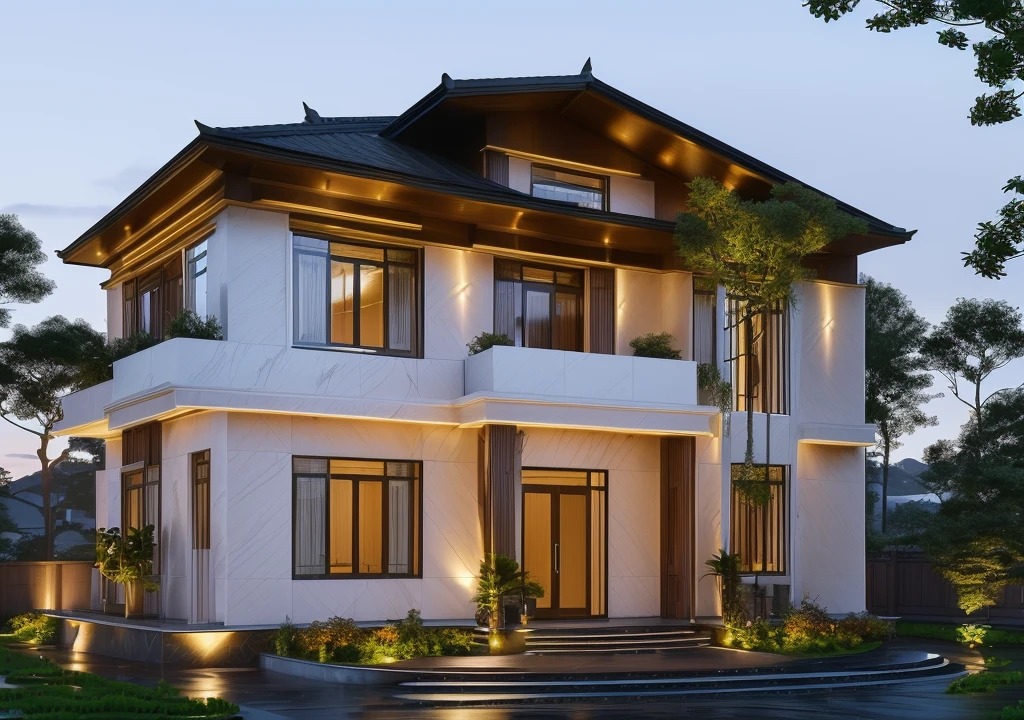 3D render of a beautiful house. The house is adorned with elegant lighting and plants to enhance its exterior appearance in a Vietnam city street, Behind are hills and mountains with clear blue sky. Aerial view of the tranquil garden with lush green grass, winding paths leading to an elegant koi pond surrounded by ornamental fish and tropical plants.  The house looks like a fairy tale, with a large porch to sit and drink tea with wooden panels and LED lights. The simple design features a white and dark grey color marble cladding scheme with big windows on the first floor and a small balcony above it with green plants. This space creates natural beauty that can be used as a serene spot to relax or enjoy nature. The main door is made of aluminum and glass reaching to the ceiling. Ground floor full glass door, The main door is made of art glass, the windows are large and the ceiling is made of glass. Looking into the house through the middle glass window is the living room, the left glass window is the kitchen, the right glass window is the bedroom, interior lighting rendering and lighting effects. It is an architectural rendering with a perspective view and daylight lighting. taken with professional photography techniques, using a wide angle lens with bright natural light and high resolution details, in the style of photorealistic architectural rendering, in the style of professional photograph, hyper realistic, highly detailed.