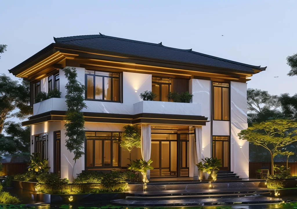 3D render of a beautiful house. The house is adorned with elegant lighting and plants to enhance its exterior appearance in a Vietnam city street, Behind are hills and mountains with clear blue sky. Aerial view of the tranquil garden with lush green grass, winding paths leading to an elegant koi pond surrounded by ornamental fish and tropical plants.  The house looks like a fairy tale, with a large porch to sit and drink tea with wooden panels and LED lights. The simple design features a white and dark grey color marble cladding scheme with big windows on the first floor and a small balcony above it with green plants. This space creates natural beauty that can be used as a serene spot to relax or enjoy nature. The main door is made of aluminum and glass reaching to the ceiling. Ground floor full glass door, The main door is made of art glass, the windows are large and the ceiling is made of glass. Looking into the house through the middle glass window is the living room, the left glass window is the kitchen, the right glass window is the bedroom, interior lighting rendering and lighting effects. It is an architectural rendering with a perspective view and daylight lighting. taken with professional photography techniques, using a wide angle lens with bright natural light and high resolution details, in the style of photorealistic architectural rendering, in the style of professional photograph, hyper realistic, highly detailed.