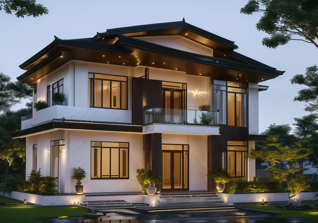 3D render of a beautiful house. The house is adorned with elegant lighting and plants to enhance its exterior appearance in a Vietnam city street, Behind are hills and mountains with clear blue sky. Aerial view of the tranquil garden with lush green grass, winding paths leading to an elegant koi pond surrounded by ornamental fish and tropical plants.  The house looks like a fairy tale, with a large porch to sit and drink tea with wooden panels and LED lights. The simple design features a white and dark grey color marble cladding scheme with big windows on the first floor and a small balcony above it with green plants. This space creates natural beauty that can be used as a serene spot to relax or enjoy nature. The main door is made of aluminum and glass reaching to the ceiling. Ground floor full glass door, The main door is made of art glass, the windows are large and the ceiling is made of glass. Looking into the house through the middle glass window is the living room, the left glass window is the kitchen, the right glass window is the bedroom, interior lighting rendering and lighting effects. It is an architectural rendering with a perspective view and daylight lighting. taken with professional photography techniques, using a wide angle lens with bright natural light and high resolution details, in the style of photorealistic architectural rendering, in the style of professional photograph, hyper realistic, highly detailed.