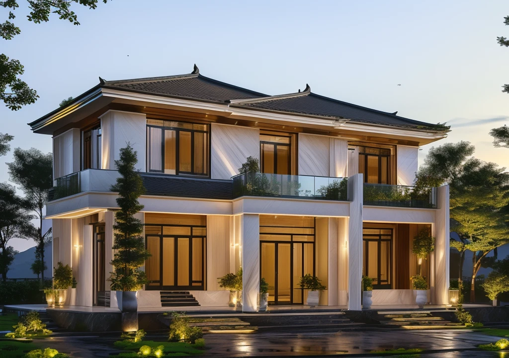 3D render of a beautiful house. The house is adorned with elegant lighting and plants to enhance its exterior appearance in a Vietnam city street, Behind are hills and mountains with clear blue sky. Aerial view of the tranquil garden with lush green grass, winding paths leading to an elegant koi pond surrounded by ornamental fish and tropical plants.  The house looks like a fairy tale, with a large porch to sit and drink tea with wooden panels and LED lights. The simple design features a white and dark grey color marble cladding scheme with big windows on the first floor and a small balcony above it with green plants. This space creates natural beauty that can be used as a serene spot to relax or enjoy nature. The main door is made of aluminum and glass reaching to the ceiling. Ground floor full glass door, The main door is made of art glass, the windows are large and the ceiling is made of glass. Looking into the house through the middle glass window is the living room, the left glass window is the kitchen, the right glass window is the bedroom, interior lighting rendering and lighting effects. It is an architectural rendering with a perspective view and daylight lighting. taken with professional photography techniques, using a wide angle lens with bright natural light and high resolution details, in the style of photorealistic architectural rendering, in the style of professional photograph, hyper realistic, highly detailed.