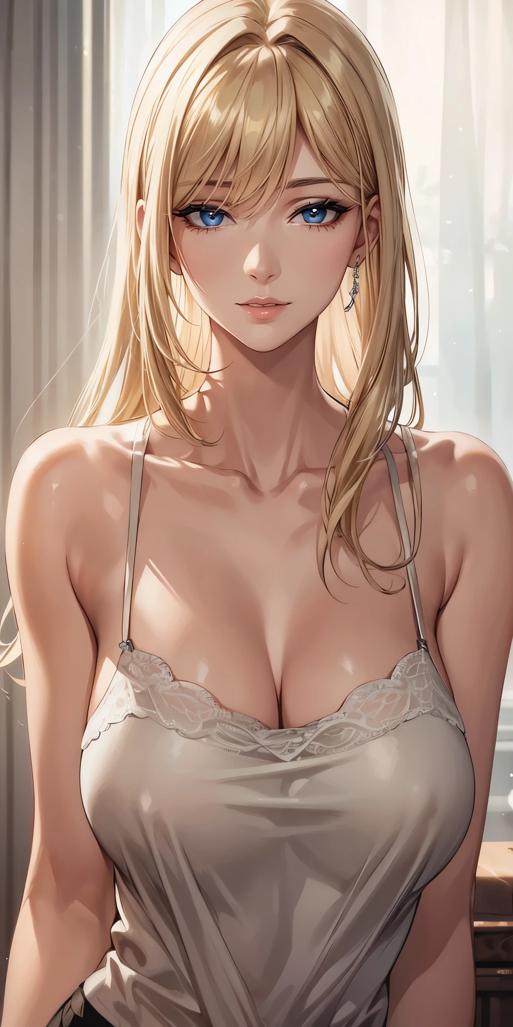 Elegant mature woman, milf, blue eyes, blonde hair, soft light, high detailed, 4k resolution, high quality, beautiful cg