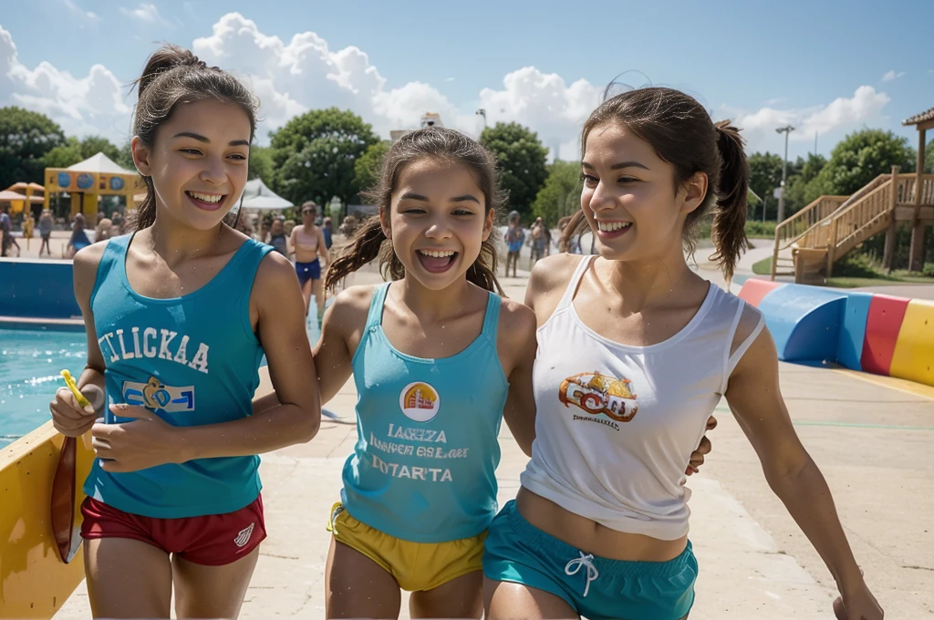 italy. Create a highly realistic scene of a 13 year old Italian girl surrounded by younger children as they enter a water sports center on a sunny day. The group heads towards the entrance, full of excitement and anticipation.

 The 13-year-old girl stands at the head of the group, leading them with a cheerful and cheerful attitude. She has shoulder-length brown hair tied in a ponytail and is wearing a bright t-shirt and athletic shorts. Her eyes are wide with excitement as she points to the entrance, encouraging the children to follow her.
 The children, aged between 5 and 10, are a mix of boys and girls, all dressed in colorful swimsuits. Their outfits vary in hue, creating a vibrant and dynamic color palette. The children laugh, chat and some enthusiastically point towards the impressive water slides visible in the distance.

The backdrop shows the lively entrance to the water sports centre, with tall, twisting water slides, splash pads and play areas. The entrance is lively, with other visitors and families making their way into the park, adding to the sense of excitement. Banners and signs welcoming guests to the water park help create a festive atmosphere. Bright sunlight illuminates the scene, casting shadows and highlighting the vibrant colors of their clothing and the features of the park.

The scene captures the joyous moment of arrival, with the girl at the forefront leading her group on the adventure, while the younger children express joy and anticipation for the fun that awaits them.