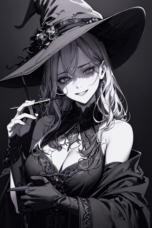 Highest quality, (Background details), High Contrast, Very beautiful woman, Detailed original illustrations、functional、witch、Pointed hat、Black Robe、Delicate face、Charm、Villainess、sexy、Real breasts、Crazy Smile, Crazy Eyes,   Black background, (Black background: 1.5), Beautiful line art、Monochrome