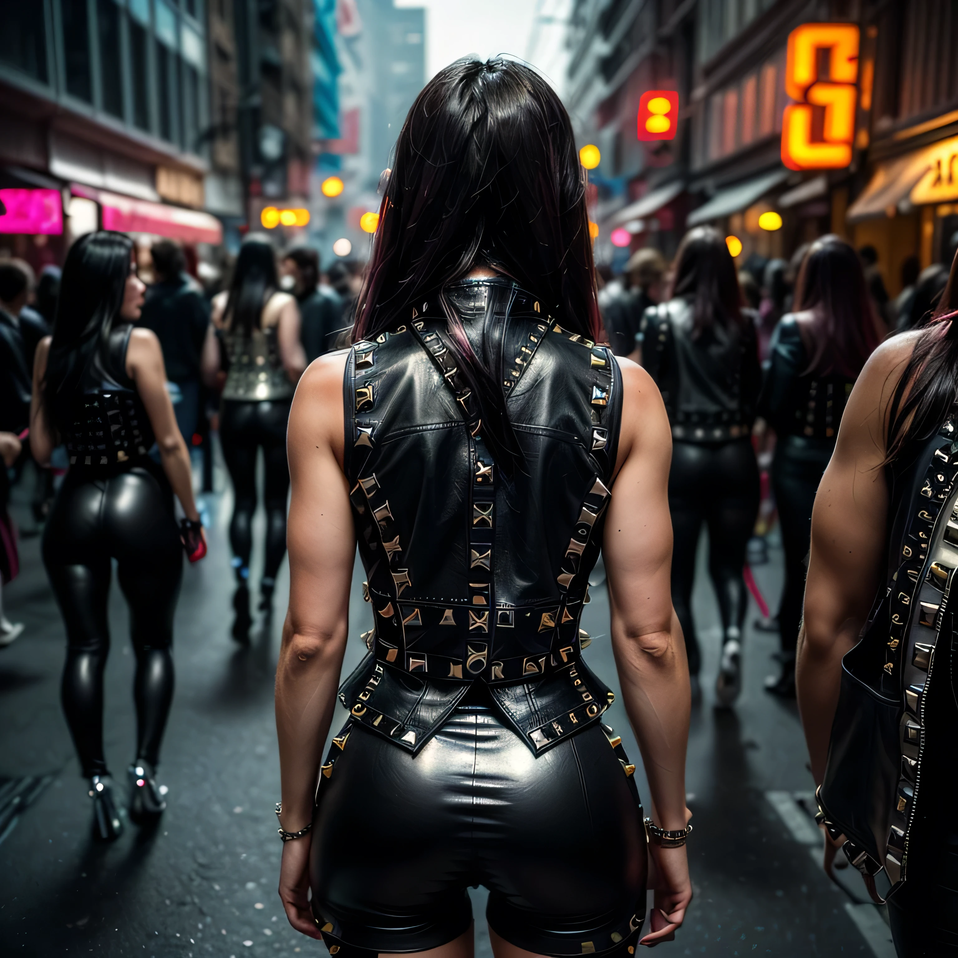 (masterpiece, photorealistic:1.4, extremely intricate:1.3), (photon mapping, radiosity, physically based rendering, ultra resolution, hyper-realistic, 8K), ((mature female, [bodybuilder:supermodel:0.6], ((([large breasts:huge breasts:0.4], (black leather vest, (chrome rivets), topless, rear view)), earrings, serious, sad, 30 years old, elegant:1.2)), long eyelashes, [side view:from above:0.1], ((makeup:1.2, red lips)), [skin detail:freckles:0.8]), ((background futuristic neon cyberpunk city street)) professional photograph, (((straight long hair [black hair:bright pink hair:0.7])))), BREAK ((sharp focus, dramatic, award winning, cinematic), bokeh, blurry background, interaction, metal reflections), dark eyes