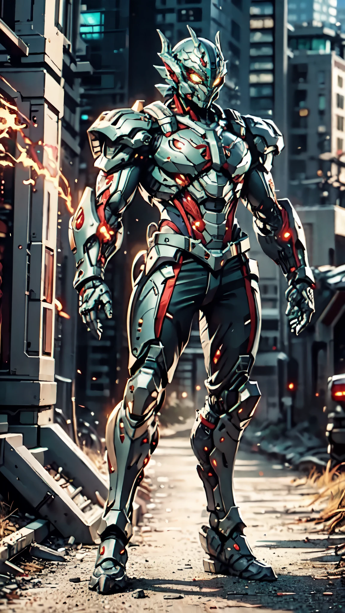 A man wearing a full-face helmet, a fantasy-style biotech armored combat suit, green eyes, (a composite layered chest armor), fully enclosed shoulder guards, matching arm and leg guards, the belt is adorned with dragon claw grasping orbs, (the color scheme is primarily black with red accents), the design balances heavy with agility, a high-tech bio-mecha armor, (Armor Concept Inspired by Dragons, stand on the top of a skyscraper in a futuristic sci-fi city), this character embodies a finely crafted fantasy-surreal style armored hero in anime style, exquisite and mature manga art style, (element, plasma, energy, the armor glows), ((male:1.5)), metallic, real texture material, dramatic, high definition, best quality, highres, ultra-detailed, ultra-fine painting, extremely delicate, professional, perfect body proportions, golden ratio, anatomically correct, symmetrical face, extremely detailed eyes and face, high quality eyes, creativity, RAW photo, UHD, 32k, Natural light, cinematic lighting, masterpiece-anatomy-perfect, masterpiece:1.5