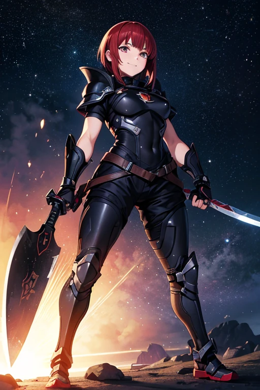 Anime Art、Full body portrait、Black heavy warrior of space sci-fi、A well-built woman, about 34 years old, about 175cm tall, wearing black armor and shorts, carrying a large axe、A strong smile、Short medium hairstyle、Red hair、Silver Eyes、Arm guard、Leggers、gloves、Flat chest