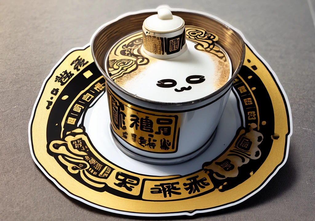 Close up of a coffee can with a hat on its head，There is a sign next to it, Die-cut stickers, Die-cut stickers, Silicone patch design, Apparition, detailed picture, Sticker design, Golden Chinese text, Crumbling, Gold and silver ink, Chinese Ghost Festival, Shenzhen, 80's, sticker - svg