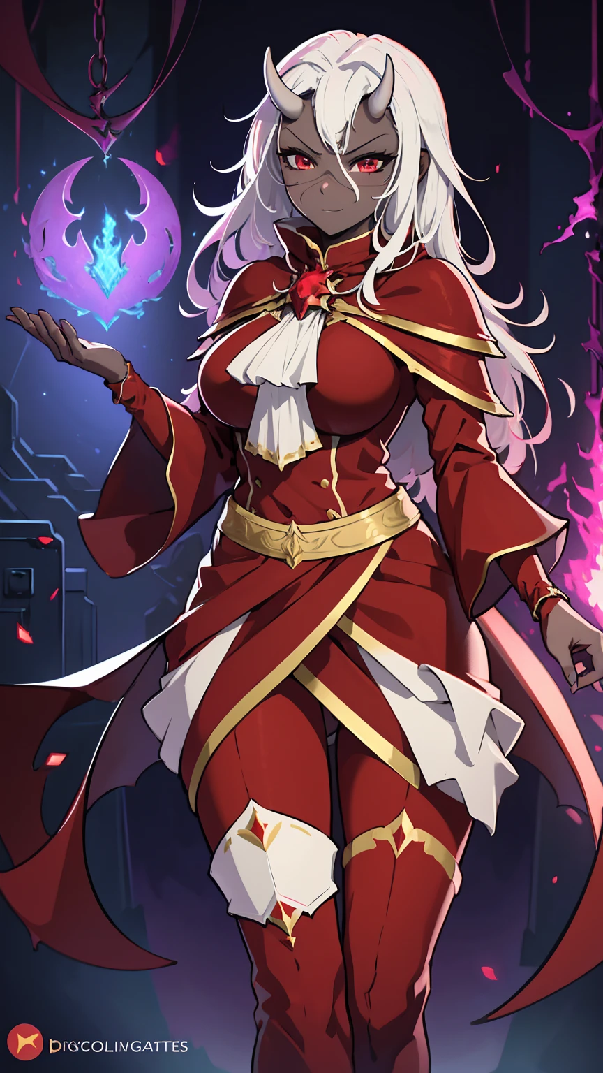 1 girl,dark skin,white armor,red rgb led clothes,huge breasts,open bust,white hair,colored skin,rgb trim,busty,high resolution,4k,futuristic,horns,calamitas,gamer,horns,look atviewer, sinister,smug,hi quality,top quality,perfect body,artstation