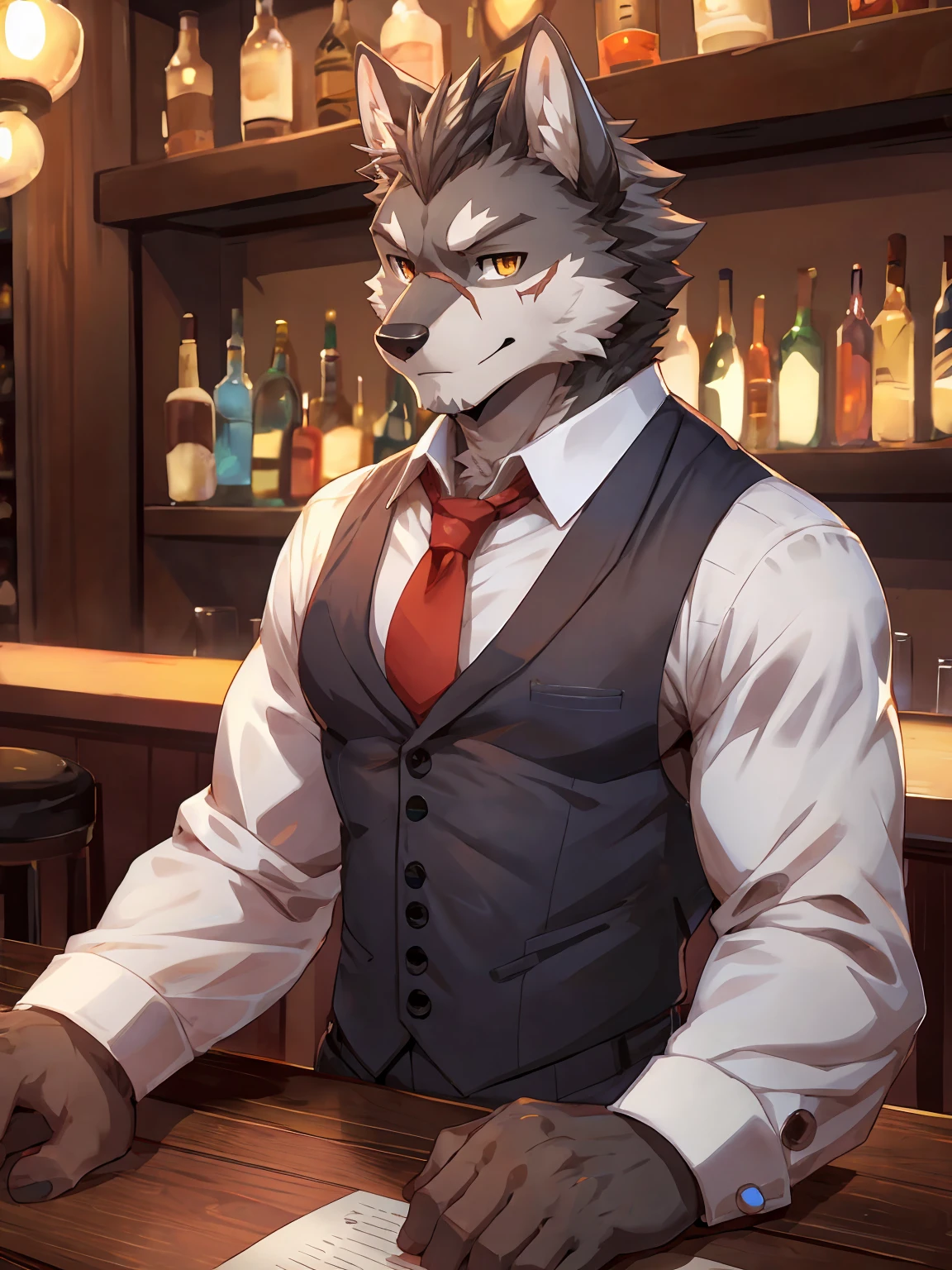 embedding:Gray wolf,Golden Eyes，Single Person,Bar,Bartender.a scar on the face.Gray fur，Soft Light，Bar counter,ease，Bartender's uniform,An ear with one corner missing,Adult male，Handsome,Smart,Best quality hands, best quality eye，detailed fur，Delicate eyes.Extreme picture quality，by sollyz,by zixiong,by null_ghost