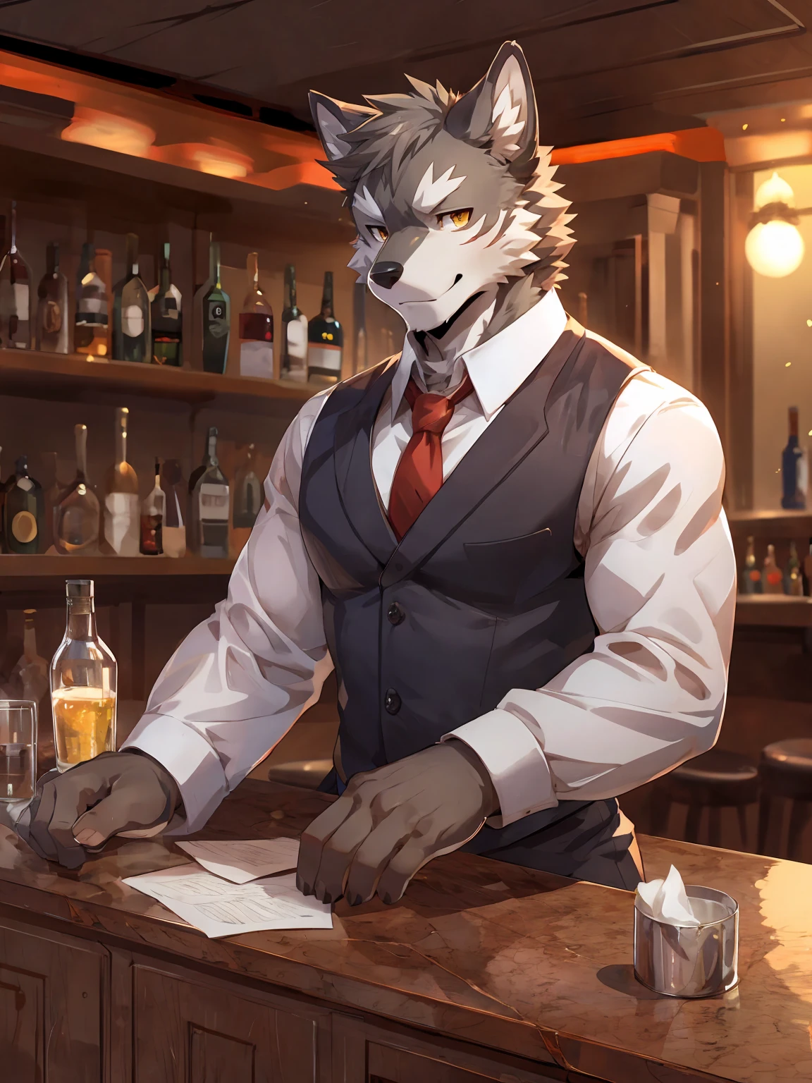 embedding:Gray wolf,Golden Eyes，Single Person,Bar,Bartender.a scar on the face.Gray fur，Soft Light，Bar counter,ease，Bartender's uniform,An ear with one corner missing,Adult male，Handsome,Smart,Best quality hands, best quality eye，detailed fur，Delicate eyes.Extreme picture quality，by sollyz,by zixiong,by null_ghost